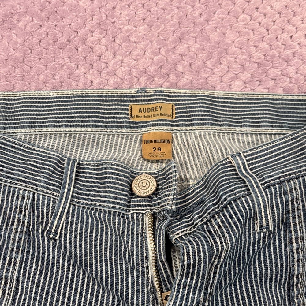 True Religion Women's Mid Rise Blue Striped Cargo Jeans size 29